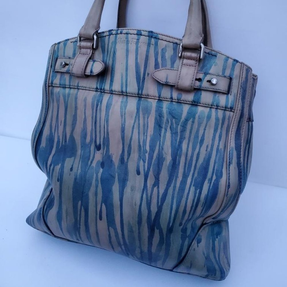 Ferragamo leather tote bag painted XL purse gray green brown beige blue stripes - Picture 4 of 16